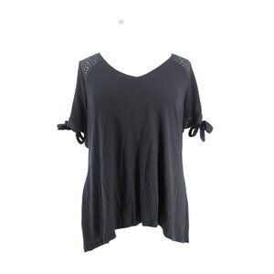 Lane Bryant Black Cotton Knit Crochet Back V-Neck Tie Sleeve Plus Size 18/20